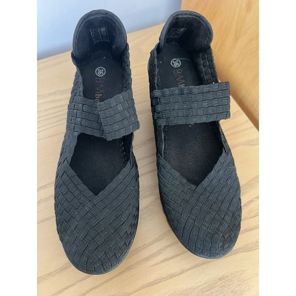 Bernie Mev Women's Black Woven Mary Jane Wedge Comfort Strap Slip-On 6